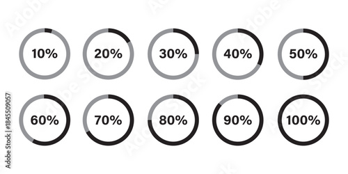 Circle loading, circle progress with percentage. Set of circle percentage diagrams for infographics, set of percentage infographic chart - 0 10 20 30 40 50 60 70 80 90 100. Vector infographic set.