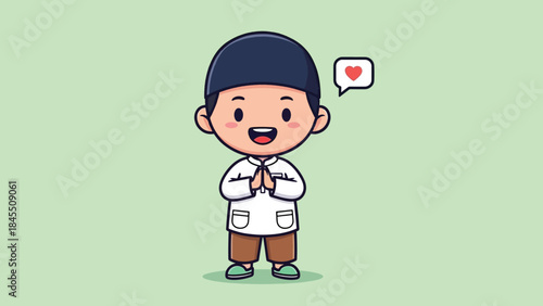 Adorable cartoon Muslim boy in peci white shirt brown pants hands in greeting gesture with a heart icon.