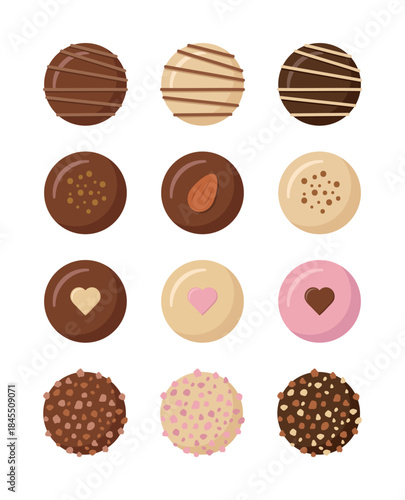 A chocolate set featuring a variety of flavors and toppings, including milk, dark, white, drizzled, and heart-shaped. Ideal for confectionery advertising, Valentine's Day, and dessert menus.