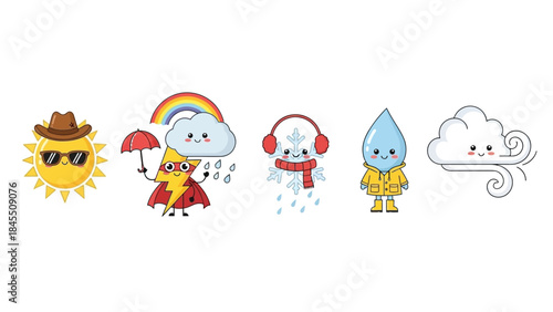 Weather icons set illustrating sun rain snow cloud wind rainbow elements