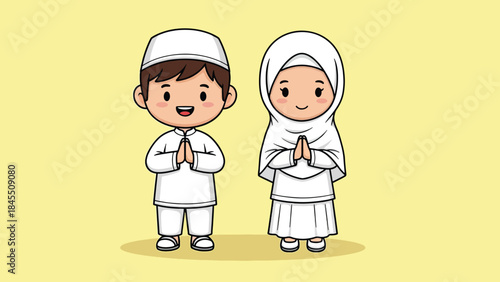 Adorable Muslim boy and girl cartoon in traditional white attire hands in greeting gesture.