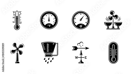 Weather icons thermometer gauges wind vane fan and rainfall illustrated