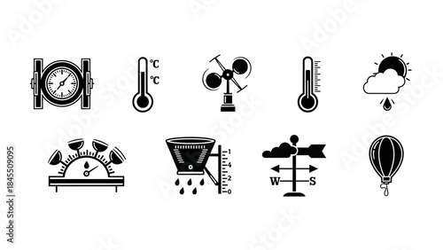 Weather icons thermometer windmill rain gauge sun and cloud vector set