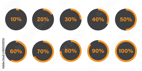 Circle loading, circle progress with percentage. Set of circle percentage diagrams for infographics, set of percentage infographic chart - 0 10 20 30 40 50 60 70 80 90 100. Vector infographic set.