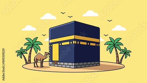 Cartoon Kaaba with camel and palm trees in desert setting.