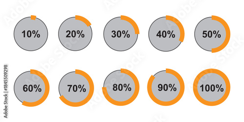 Infographics elements. Percentage round diagrams icons for infographics from 0 to 100 percent. Colour fill divided pie charts indicators in green, grey. Circle graph loading progress mockup.