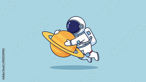 Cute cartoon astronaut floating in space hugging the ringed planet Saturn.