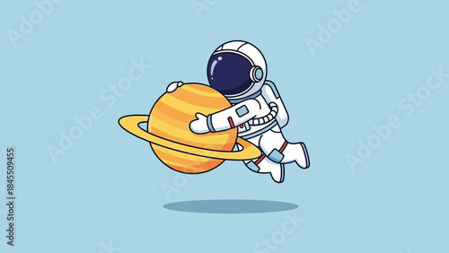 Cute cartoon astronaut hugging Saturn with its iconic rings.