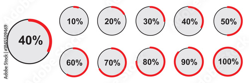 Percentage infographics simple elements. Round diagrams icons for infographics from 0 to 100 percent. Colour fill divided pie charts indicators in Mockup of circle graph loading 