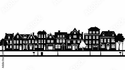 Silhouette of a row of historic townhouses with trees and streetlights.