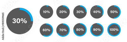 Circle loading, circle progress with percentage. Set of circle percentage diagrams for infographics, set of percentage infographic chart - 0 10 20 30 40 50 60 70 80 90 100. Vector infographic set.