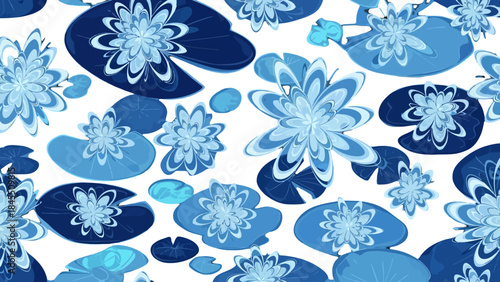 Tranquil Blue Water Lilies Seamless Pattern with Lily Pads on Isolated White Background