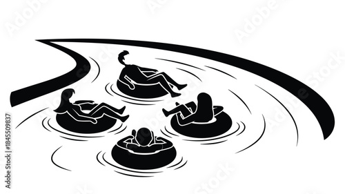 People relaxing on inner tubes in water a striking design silhouette