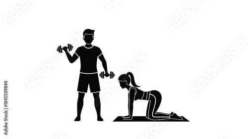 A man lifting dumbbells while a woman kneels fitness training silhouette