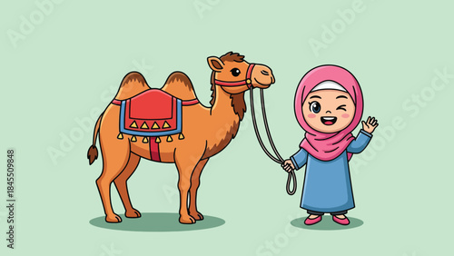 Cute Cartoon Muslim Girl in Hijab Leading a Desert Camel with Saddle.