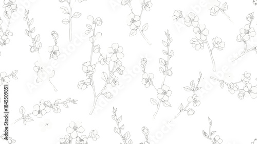 Delicate Floral Outline Seamless Pattern with Branches and Small Flowers on Isolated White Background