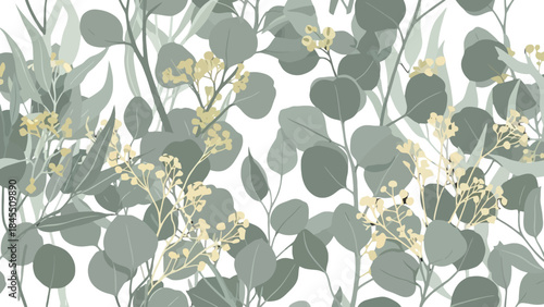 Calm Eucalyptus Leaves Seamless Pattern with Delicate Yellow Flowers on Isolated White Background