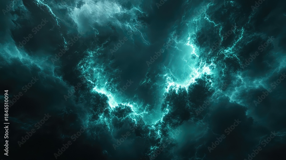 Fototapeta premium Abstract digital rendering showing bright teal lightning energy illuminating dark stormy clouds with powerful light, symbolizing drama, electricity, and dynamic force