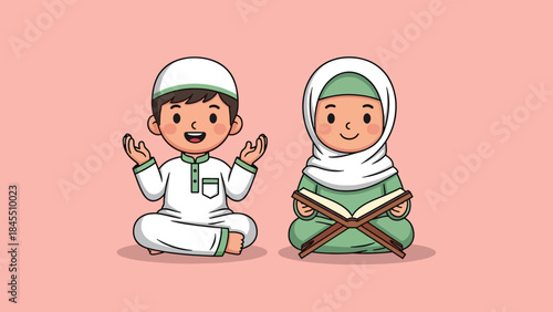 Cute Muslim Boy Praying and Girl Reading Quran in Cartoon Illustration.