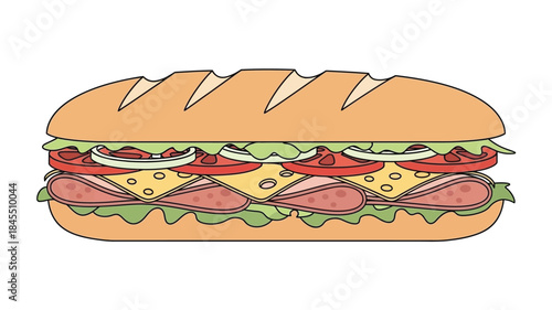 Colorful illustration of a large sub sandwich with various fillings silhouette