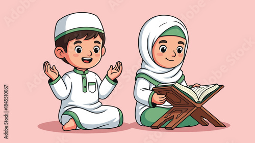 Cute Muslim children praying and reading Quran illustration.