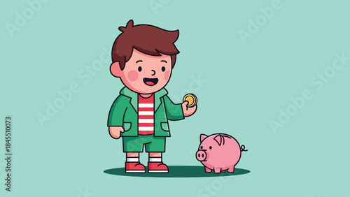 Happy cartoon boy saving money holding a coin above a pink piggy bank.
