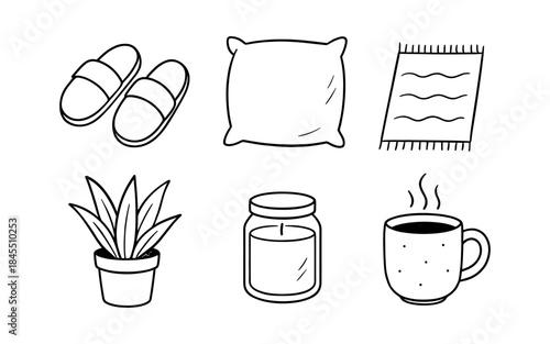 Cozy home comfort items in a simple doodle art style