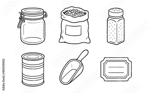 Collection of hand-drawn pantry staples and containers for food storage