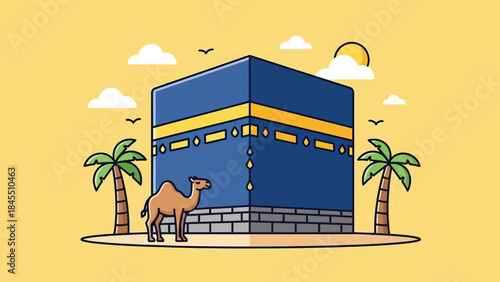 Illustrated Kaaba camel and palm trees iconic Islamic pilgrimage site.