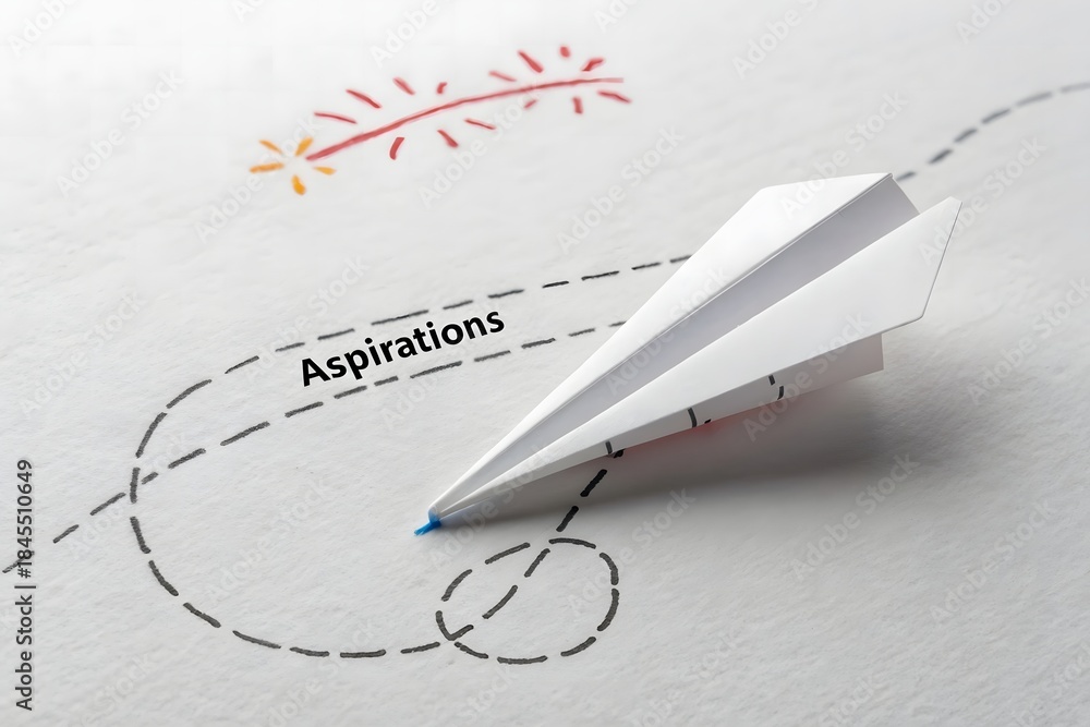 Fototapeta premium White Paper Airplane With Dashed Line Showing Flight Path