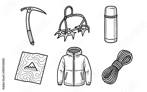 Hand-drawn collection of essential mountaineering and climbing gear illustrations