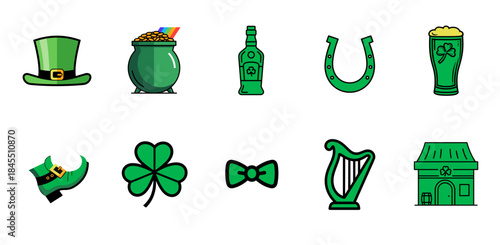 A collection of themed St. Patrick's Day icons, including green objects and symbols of good luck on a transparent background