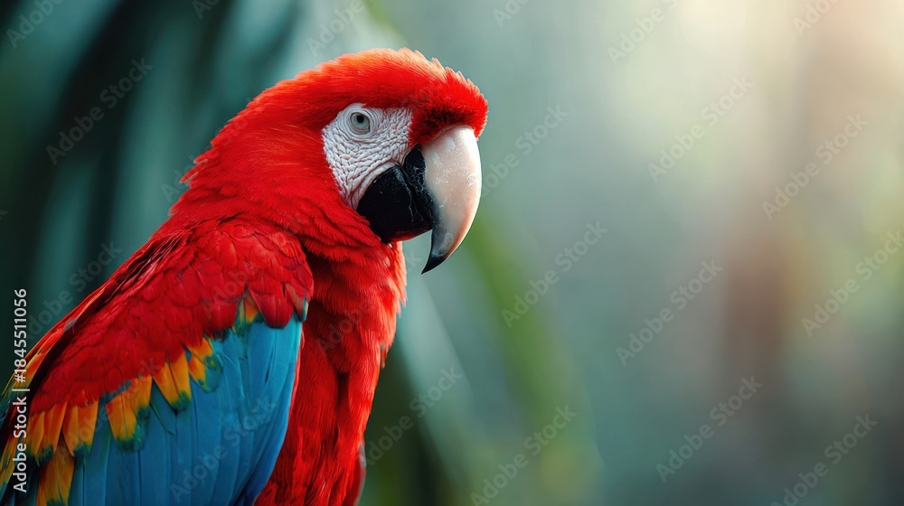 Obraz premium Vibrant red parrot in lush tropical setting