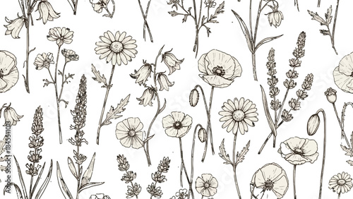 Seamless Line Art Wildflowers and Grasses Pattern in Sepia Tones on Isolated White Background