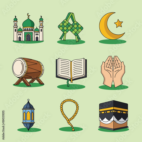Islamic Ramadan and Eid alFitr symbols and icons collection featuring mosque Quran Kaaba crescent moon and prayer beads.