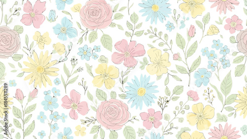Seamless Pastel Wildflowers and Green Leaves Pattern on Isolated White Background