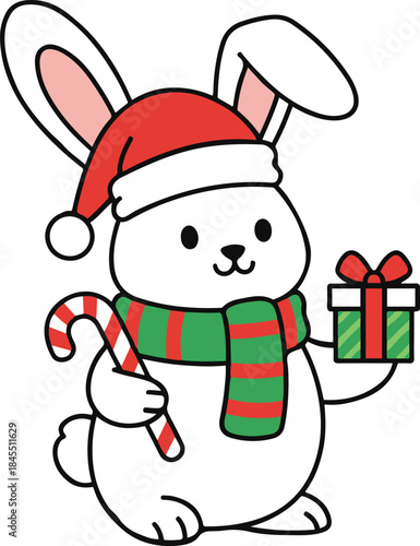 Vector illustration of a cute white rabbit wearing a Santa hat and scarf, holding a candy cane and a Christmas gift.