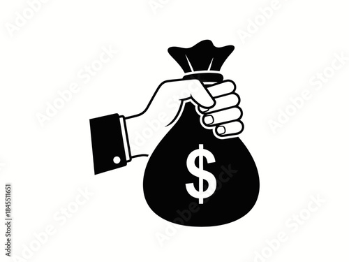 Hand holding money bag with dollar sign, finance and investment symbol, black and white icon