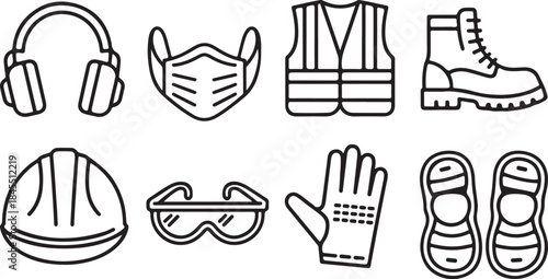 Protective Gear Line Vector Icons Set – Safety Equipment Outline Symbols