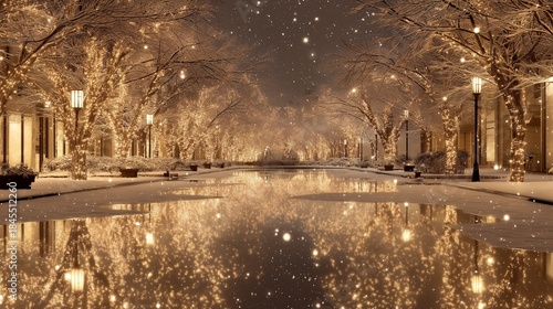 雪の公園とイルミネーション木々