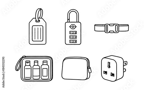 Collection of travel accessories including luggage tag, TSA lock, and toiletry bag