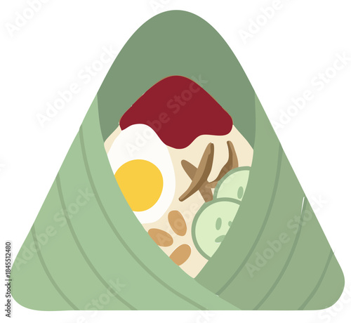 Vector illustration of nasi lemak (fatty rice) wrapped in banana leaf