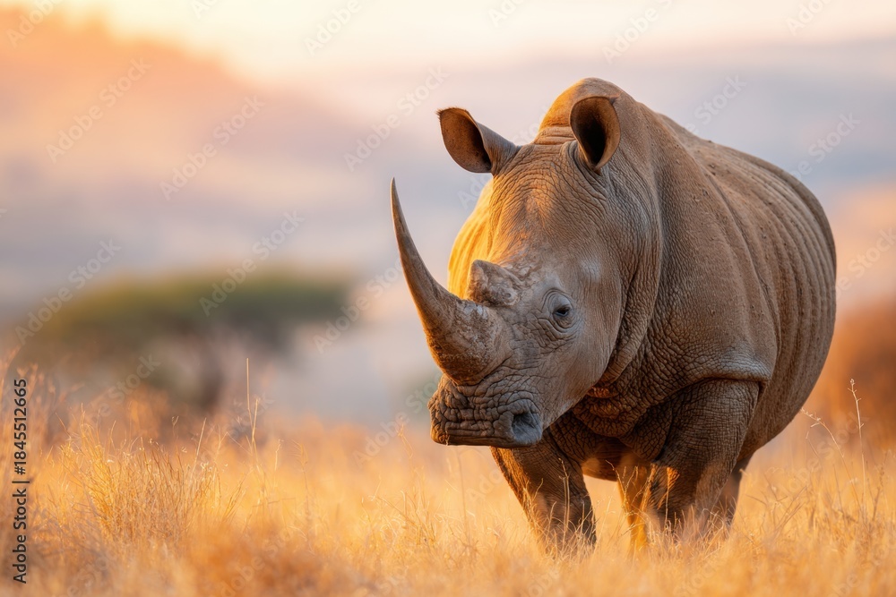 Fototapeta premium Close-up of a rhinoceros in the savanna at sunset