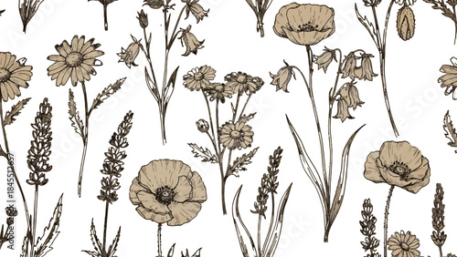 Vintage Sepia Wildflowers and Botanical Elements Seamless Pattern on Isolated White Background, Hand Drawn Floral Illustration