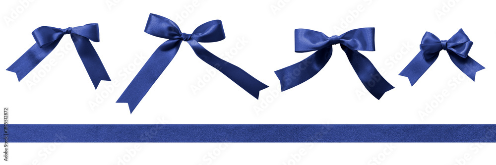 Fototapeta premium Blue tied bow, dark blue navy color satin ribbon stripe tape set, png isolated on transparent background for gift box, greeting card design decoration ornament