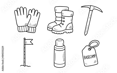 Doodle icons for mountain climbing and winter adventure gear