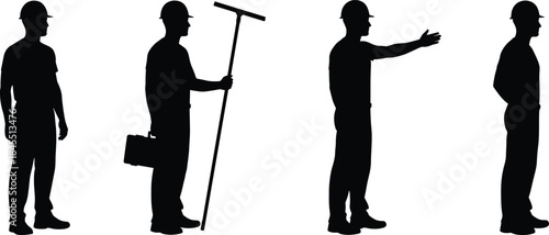 Silhouette construction workers standing, directing, holding tools, and performing various job tasks representing labor industry workforce safety teamwork communication and professional activity.