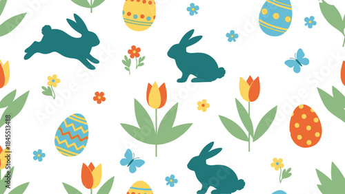 A vibrant seamless pattern featuring teal Easter bunnies, colorful decorated eggs, yellow and orange tulips, and blue butterflies on a white background, perfect for spring holiday designs.
