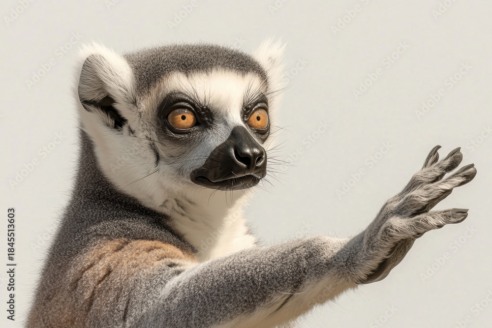 Fototapeta premium Ring-tailed lemur with bright orange eyes raises its hand against a soft blue sky. expressive orange eyes while extending a paw forward.