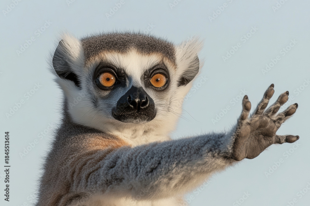 Fototapeta premium Ring-tailed lemur with bright orange eyes raises its hand against a soft blue sky. expressive orange eyes while extending a paw forward.